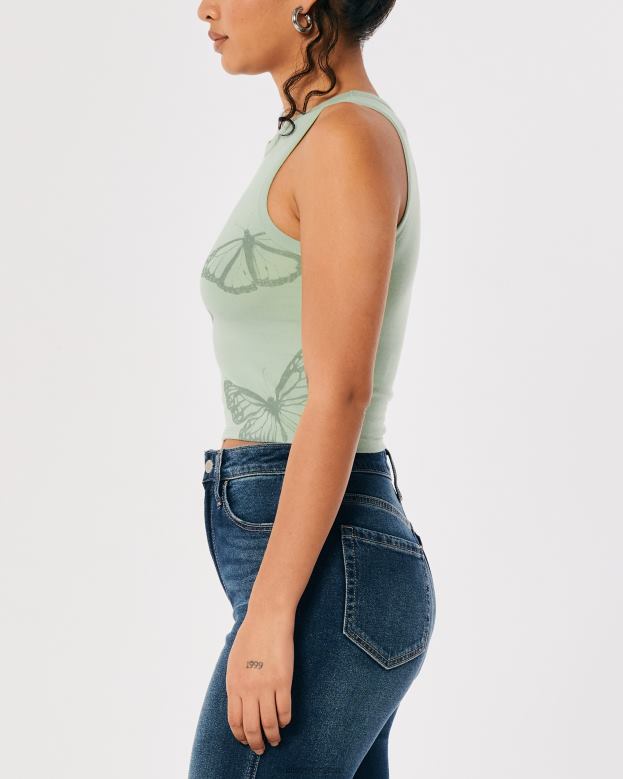Tops Hollister Women High-Neck Butterfly Graphic Tank 48820254 Light Green