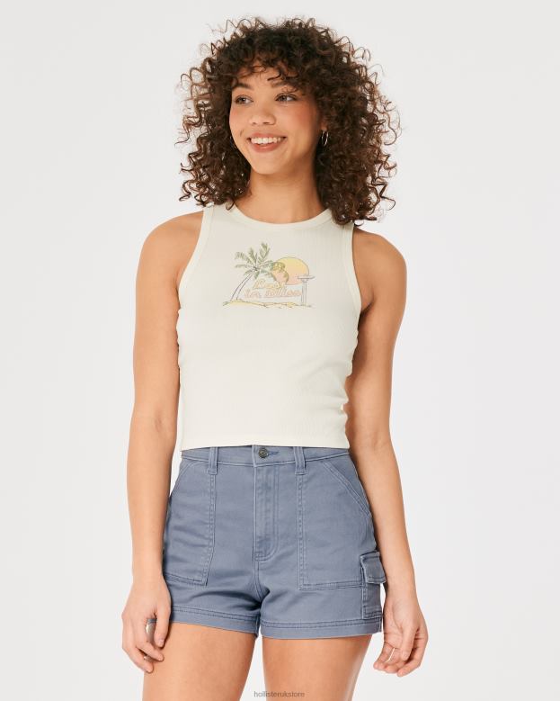 Tops Hollister Women High-Neck Ribbed Beach Graphic Tank 48820308 Cream