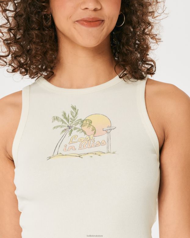 Tops Hollister Women High-Neck Ribbed Beach Graphic Tank 48820308 Cream