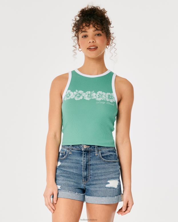 Tops Hollister Women High-Neck Ribbed Long Beach Graphic Tank 48820213 Green