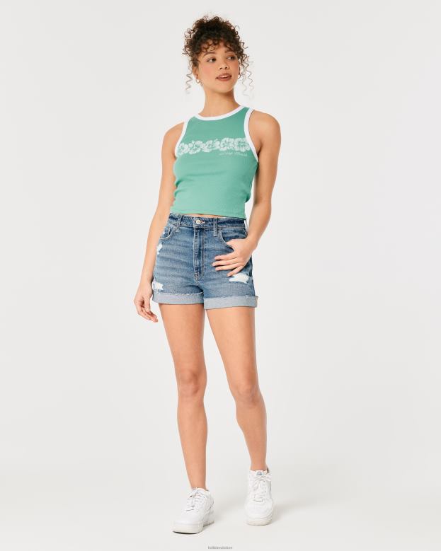 Tops Hollister Women High-Neck Ribbed Long Beach Graphic Tank 48820213 Green