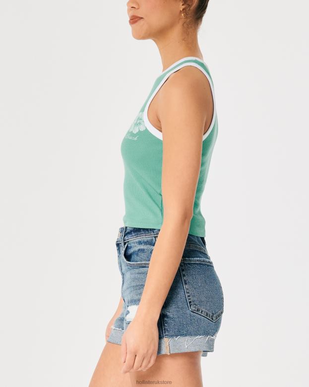 Tops Hollister Women High-Neck Ribbed Long Beach Graphic Tank 48820213 Green