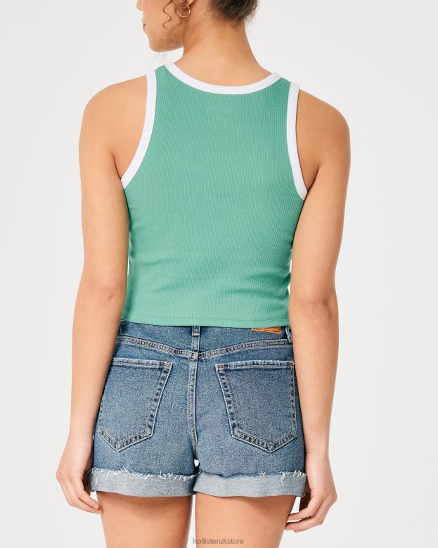 Tops Hollister Women High-Neck Ribbed Long Beach Graphic Tank 48820213 Green