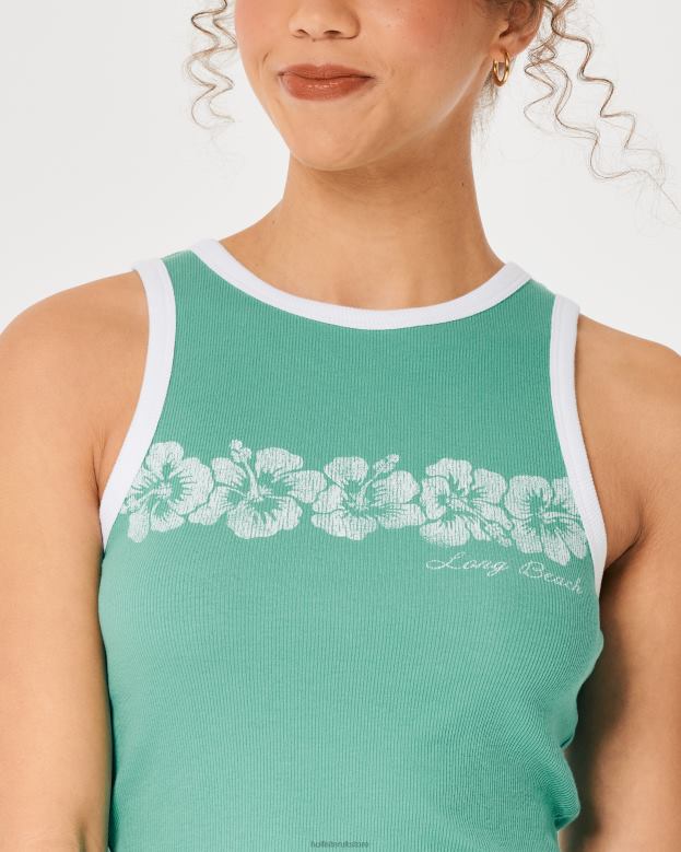 Tops Hollister Women High-Neck Ribbed Long Beach Graphic Tank 48820213 Green