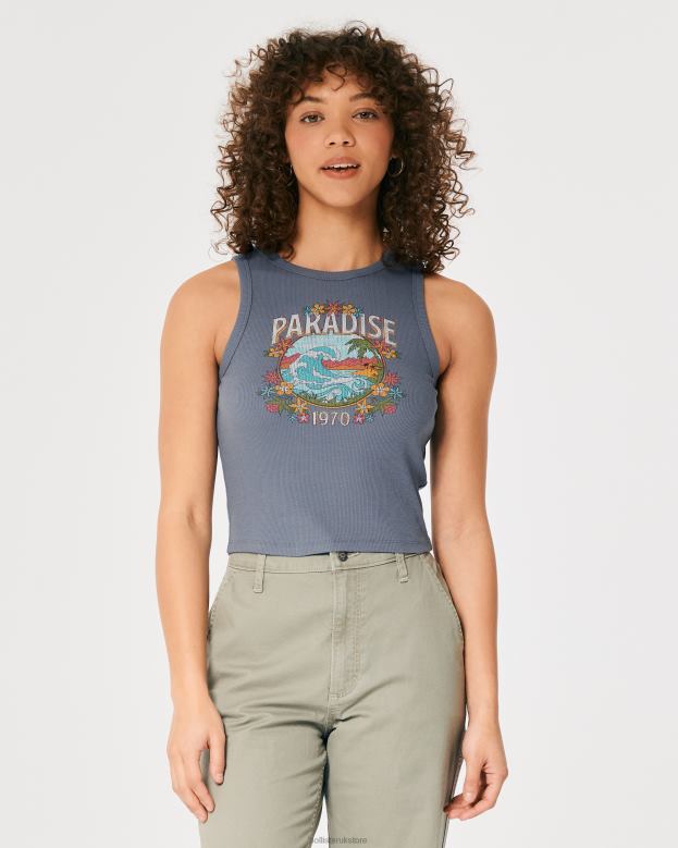 Tops Hollister Women High-Neck Ribbed Paradise Graphic Tank 48820265 Blue