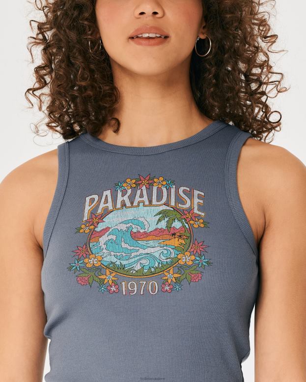 Tops Hollister Women High-Neck Ribbed Paradise Graphic Tank 48820265 Blue
