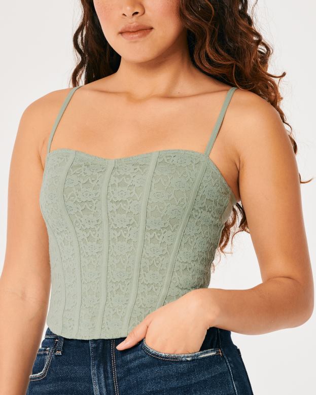 Tops Hollister Women Lace Seamed Sweetheart Cami 48820409 Sage
