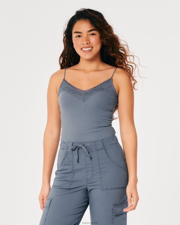Tops Hollister Women Lace Trim Ribbed V-Neck Cami 48820332 Navy