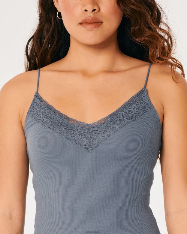 Tops Hollister Women Lace Trim Ribbed V-Neck Cami 48820332 Navy