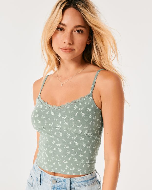 Tops Hollister Women Lace Trim Shirred Bust Cami 48820135 Green Floral