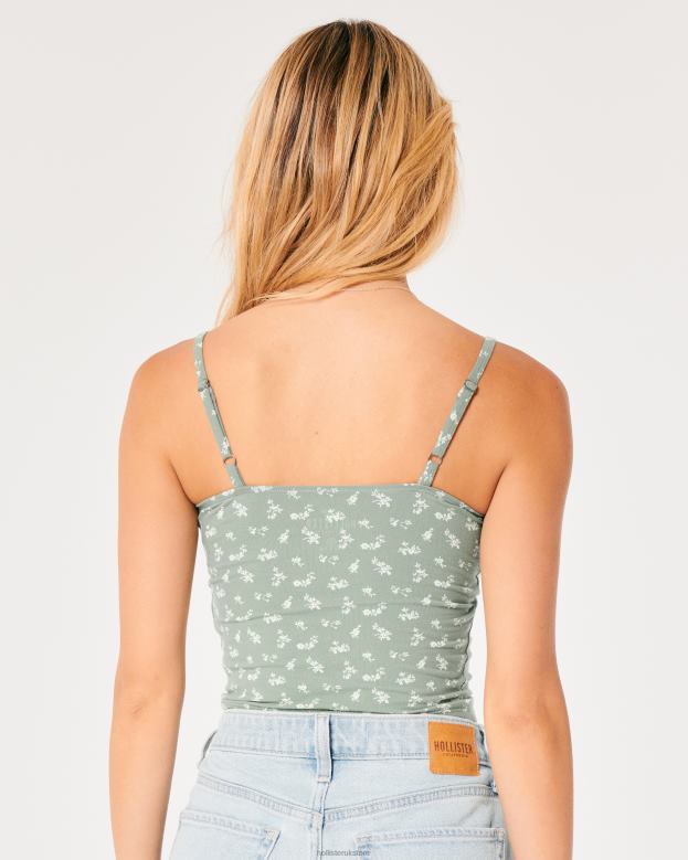 Tops Hollister Women Lace Trim Shirred Bust Cami 48820135 Green Floral