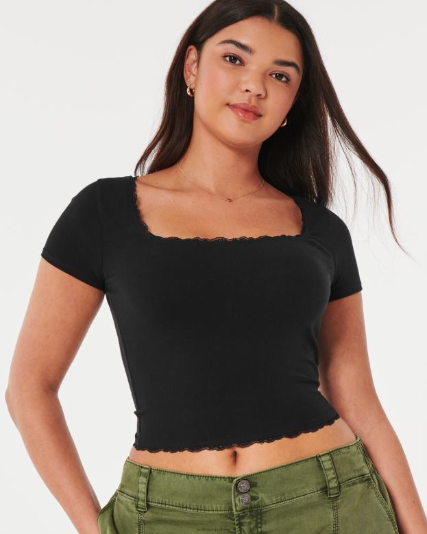 Tops Hollister Women Lace Trim Square-Neck Baby Tee 48820124 Black