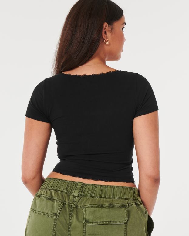 Tops Hollister Women Lace Trim Square-Neck Baby Tee 48820124 Black