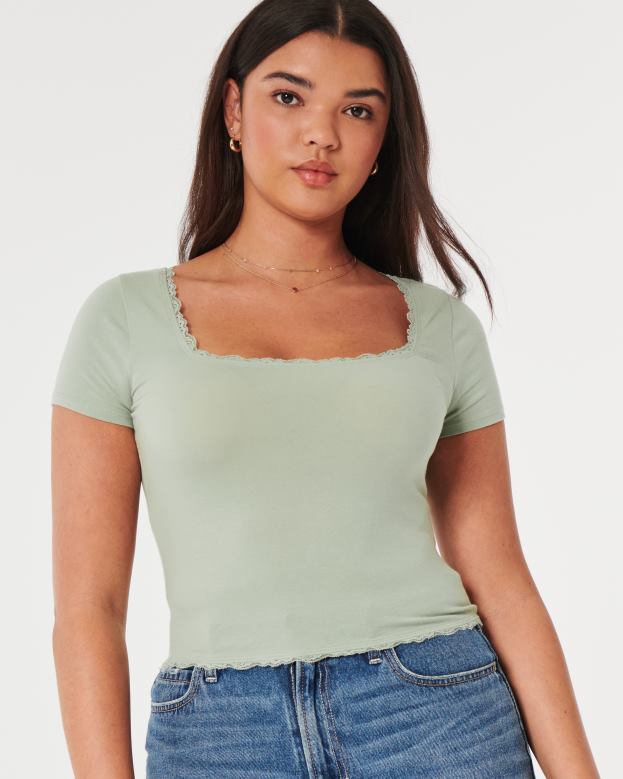 Tops Hollister Women Lace Trim Square-Neck Baby Tee 48820232 Sage Green
