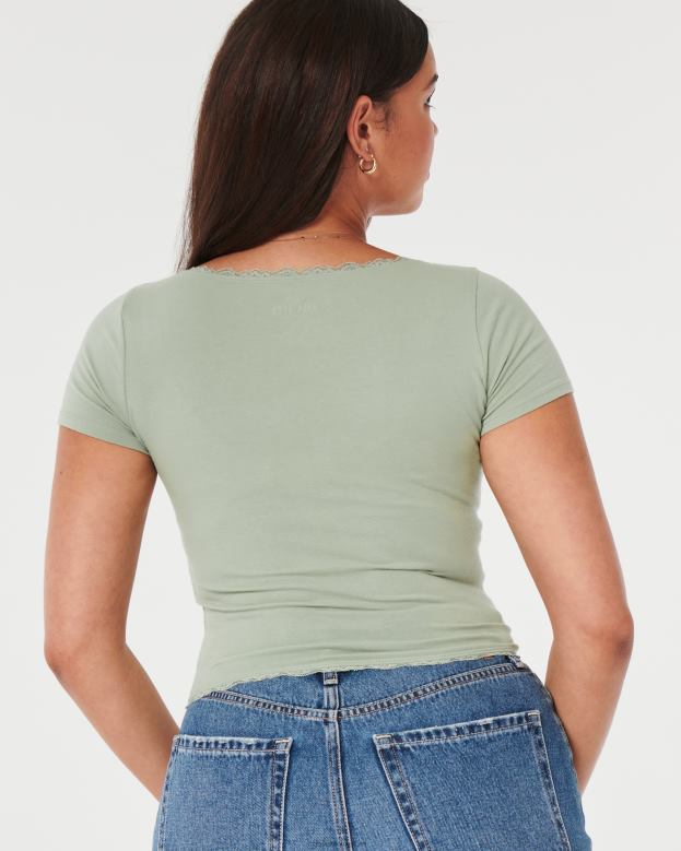 Tops Hollister Women Lace Trim Square-Neck Baby Tee 48820232 Sage Green