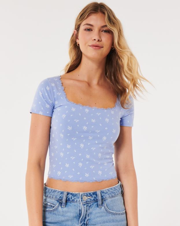 Tops Hollister Women Lace Trim Square-Neck Baby Tee 48820346 Light Blue Floral