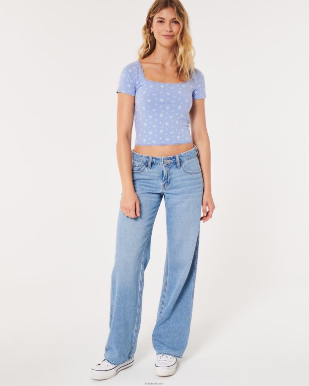 Tops Hollister Women Lace Trim Square-Neck Baby Tee 48820346 Light Blue Floral