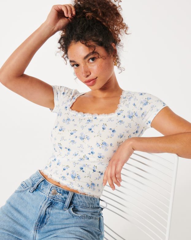 Tops Hollister Women Lace Trim Square-Neck Baby Tee 4882037 White Floral