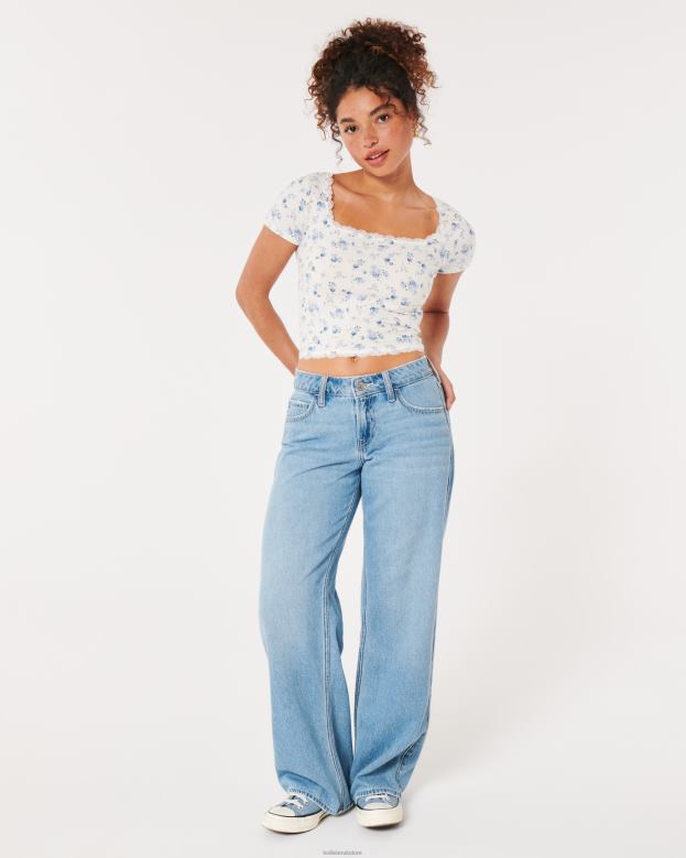 Tops Hollister Women Lace Trim Square-Neck Baby Tee 4882037 White Floral