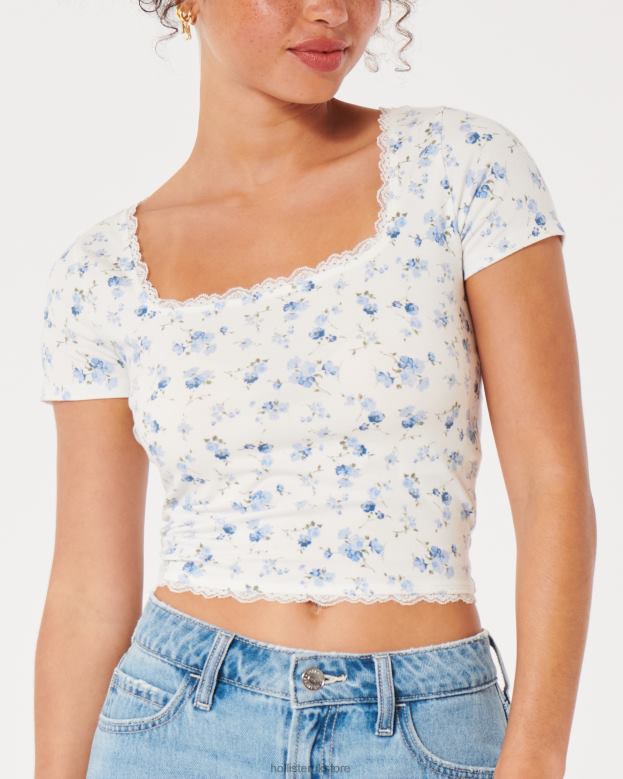 Tops Hollister Women Lace Trim Square-Neck Baby Tee 4882037 White Floral