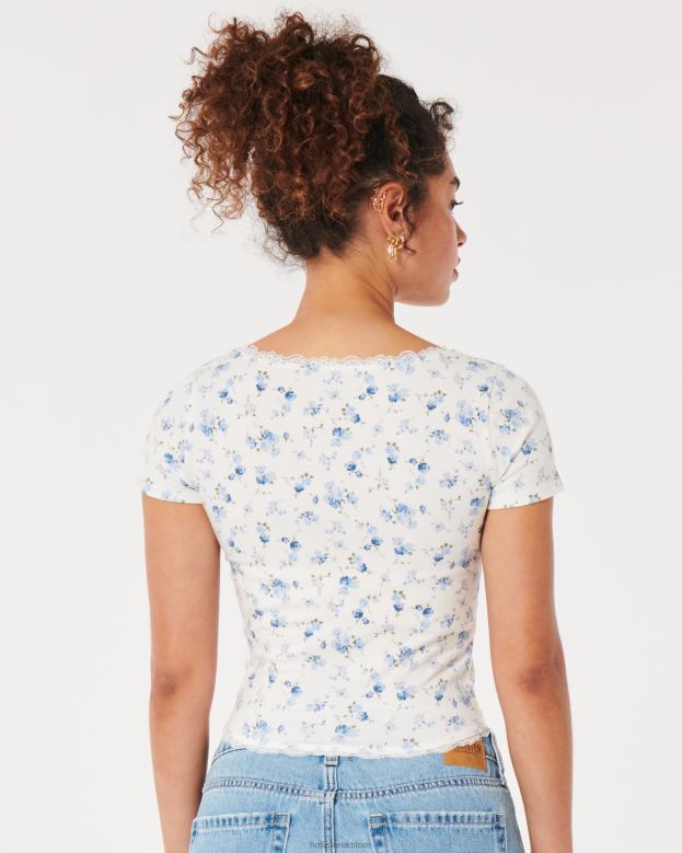 Tops Hollister Women Lace Trim Square-Neck Baby Tee 4882037 White Floral