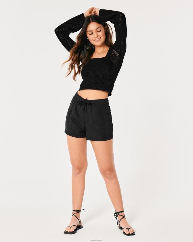 Tops Hollister Women Long-Sleeve Square-Neck Crochet Sweater 48820323 Black