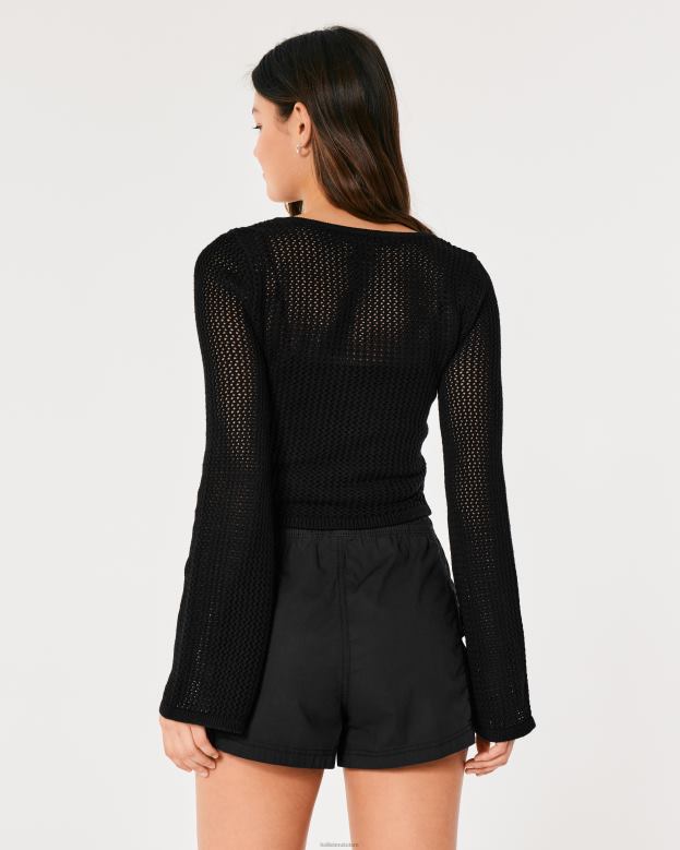 Tops Hollister Women Long-Sleeve Square-Neck Crochet Sweater 48820323 Black