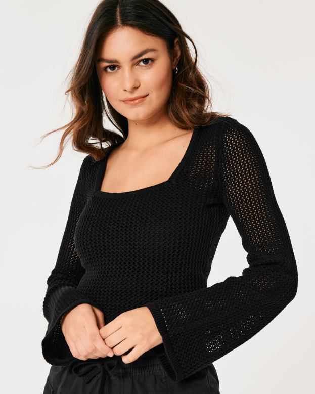Tops Hollister Women Long-Sleeve Square-Neck Crochet Sweater 48820323 Black