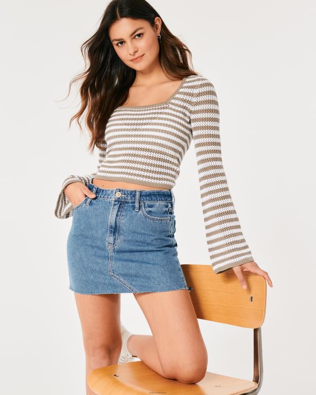 Tops Hollister Women Long-Sleeve Square-Neck Crochet Sweater 4882064 Light Brown Stripe