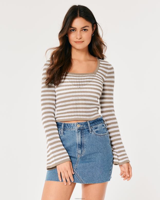 Tops Hollister Women Long-Sleeve Square-Neck Crochet Sweater 4882064 Light Brown Stripe