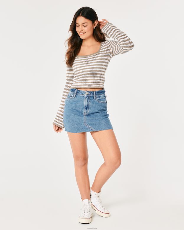 Tops Hollister Women Long-Sleeve Square-Neck Crochet Sweater 4882064 Light Brown Stripe