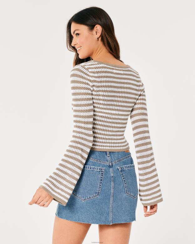Tops Hollister Women Long-Sleeve Square-Neck Crochet Sweater 4882064 Light Brown Stripe