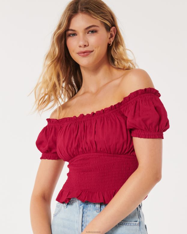 Tops Hollister Women On or Off the Shoulder Smocked Waist Top 48820184 Red