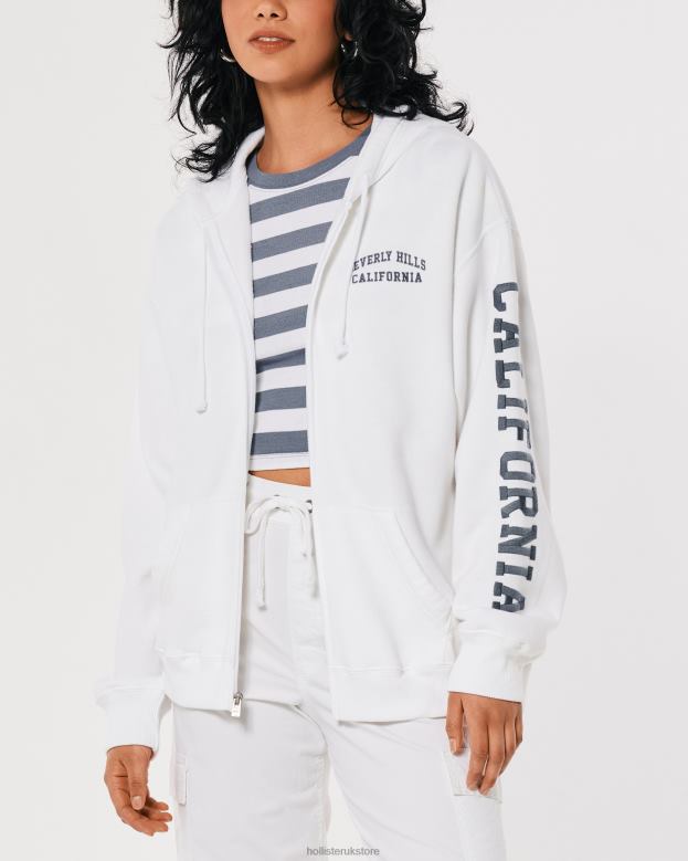 Tops Hollister Women Oversized Beverly Hills Graphic Full-Zip Hoodie 48820267 White