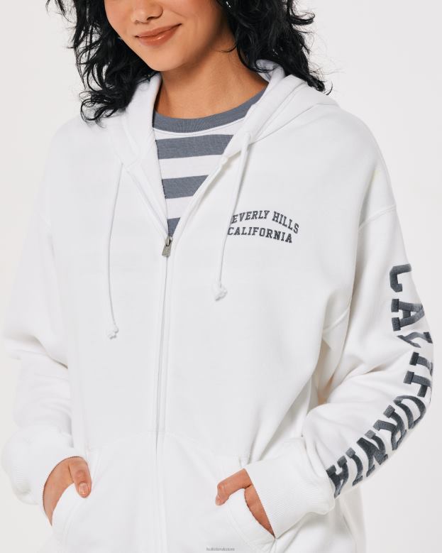 Tops Hollister Women Oversized Beverly Hills Graphic Full-Zip Hoodie 48820267 White