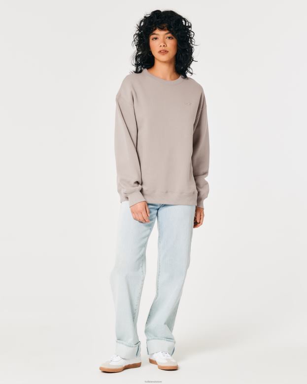 Tops Hollister Women Oversized Icon Crew Sweatshirt 4882019 Taupe