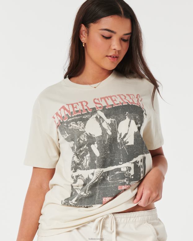 Tops Hollister Women Oversized Inner Stereo Graphic Tee 48820229 Cream