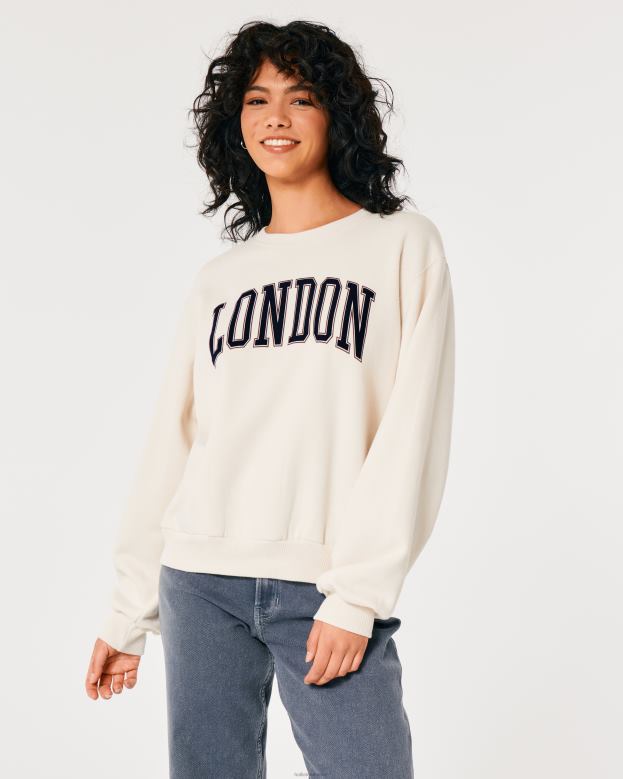 Tops Hollister Women Oversized London Graphic Crew Sweatshirt 4882046 Cream