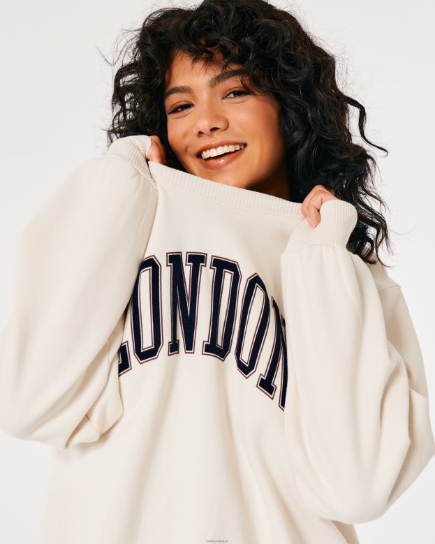 Tops Hollister Women Oversized London Graphic Crew Sweatshirt 4882046 Cream