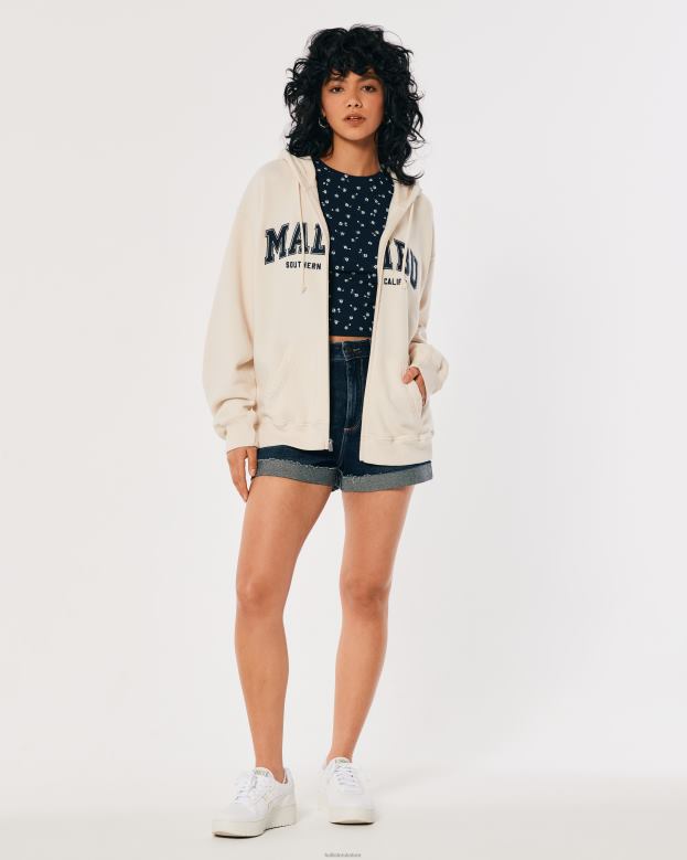Tops Hollister Women Oversized Malibu California Graphic Full-Zip Hoodie 48820154 Cream