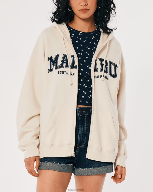 Tops Hollister Women Oversized Malibu California Graphic Full-Zip Hoodie 48820154 Cream
