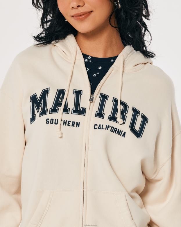Tops Hollister Women Oversized Malibu California Graphic Full-Zip Hoodie 48820154 Cream