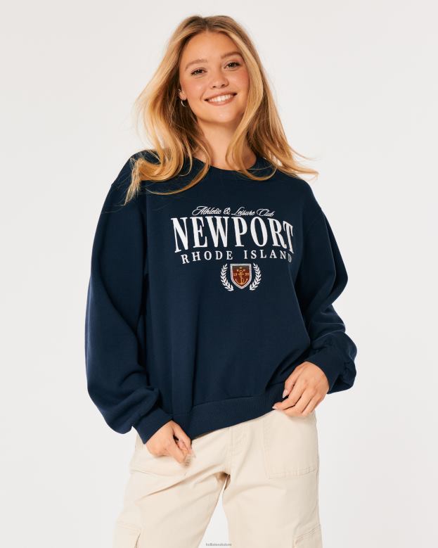 Tops Hollister Women Oversized Newport Rhode Island Graphic Crew Sweatshirt 488206 Navy Blue