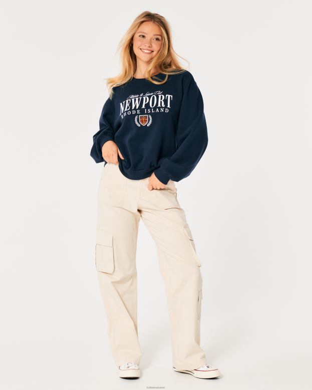 Tops Hollister Women Oversized Newport Rhode Island Graphic Crew Sweatshirt 488206 Navy Blue