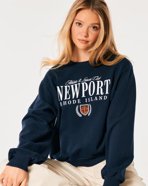 Tops Hollister Women Oversized Newport Rhode Island Graphic Crew Sweatshirt 488206 Navy Blue