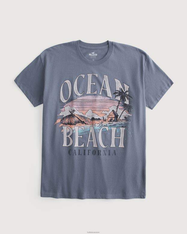 Tops Hollister Women Oversized Ocean Beach California Graphic Tee 4882010 Blue
