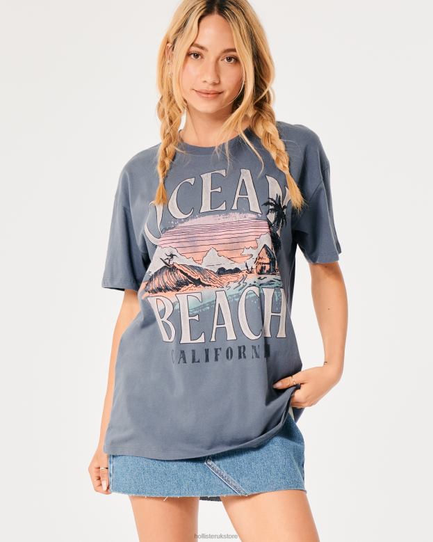 Tops Hollister Women Oversized Ocean Beach California Graphic Tee 4882010 Blue