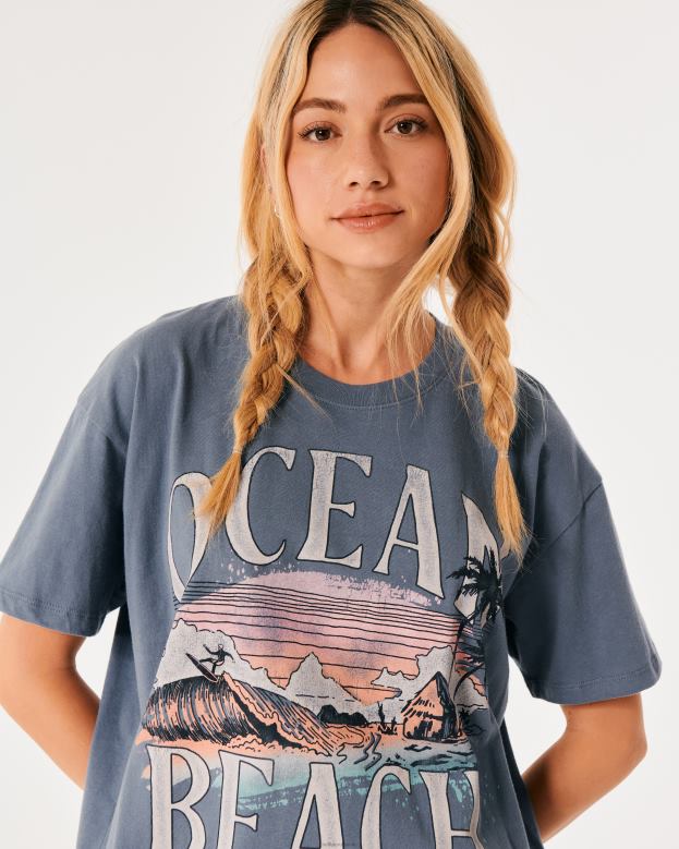 Tops Hollister Women Oversized Ocean Beach California Graphic Tee 4882010 Blue