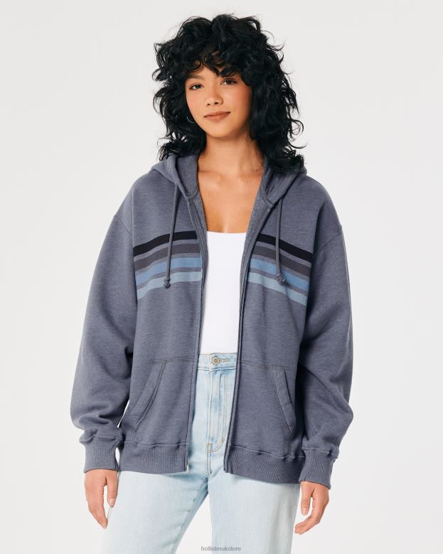 Tops Hollister Women Oversized Striped Full-Zip Hoodie 48820257 Heather Navy