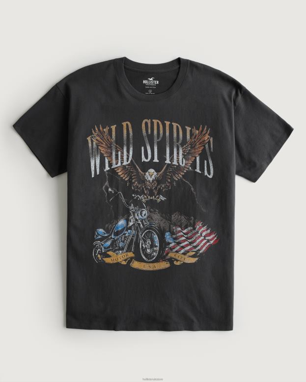 Tops Hollister Women Oversized Wild Spirits Motorcycle Graphic Tee 48820423 Dark Grey